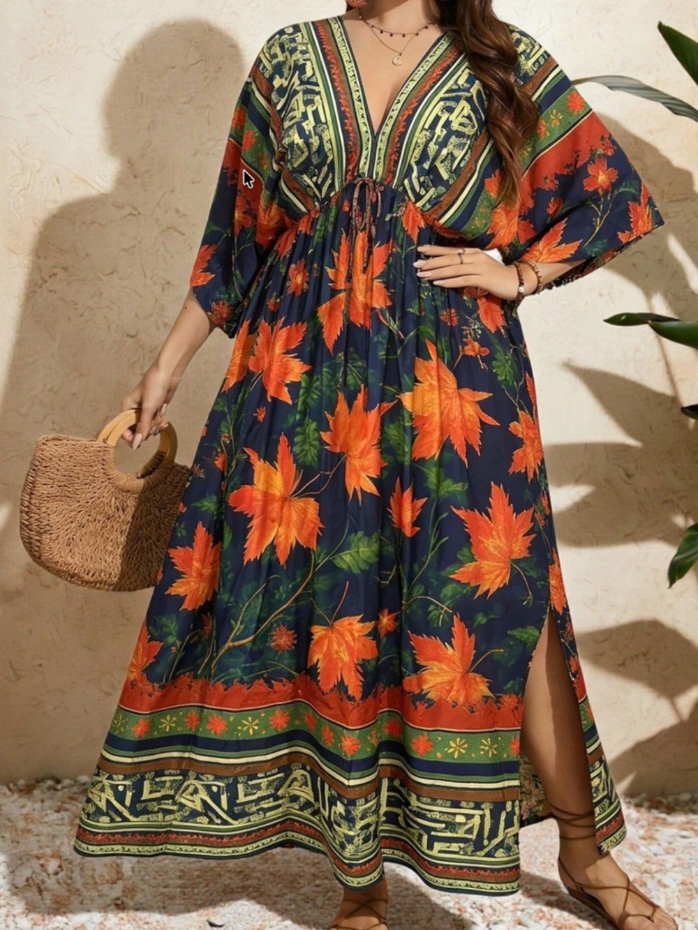 Plus Leaves Print Split Hem Batwing Sleeve Maxi Dress